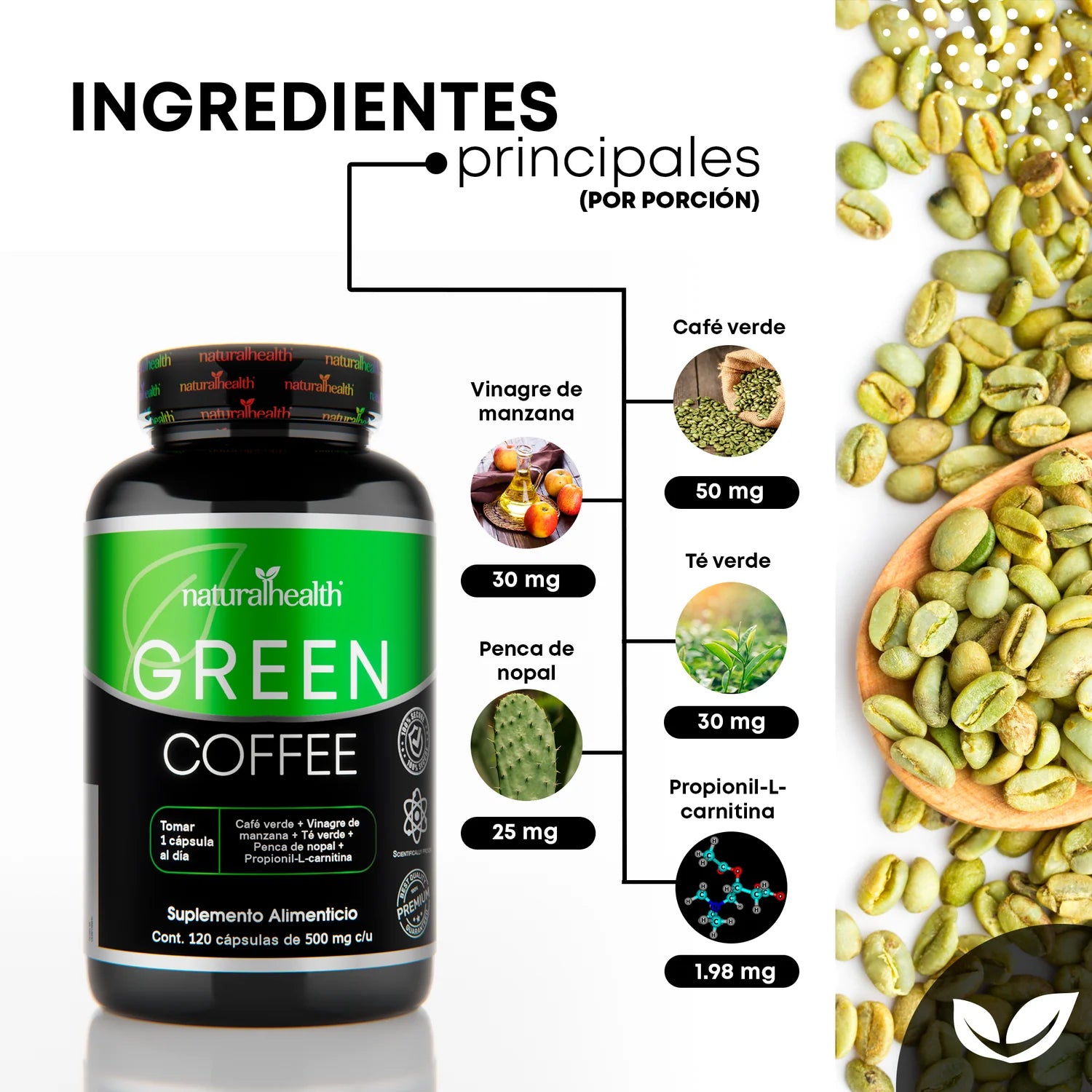 Natural Health Green Coffee 500mg  120 Cápsulas Quemagrasa y Energía