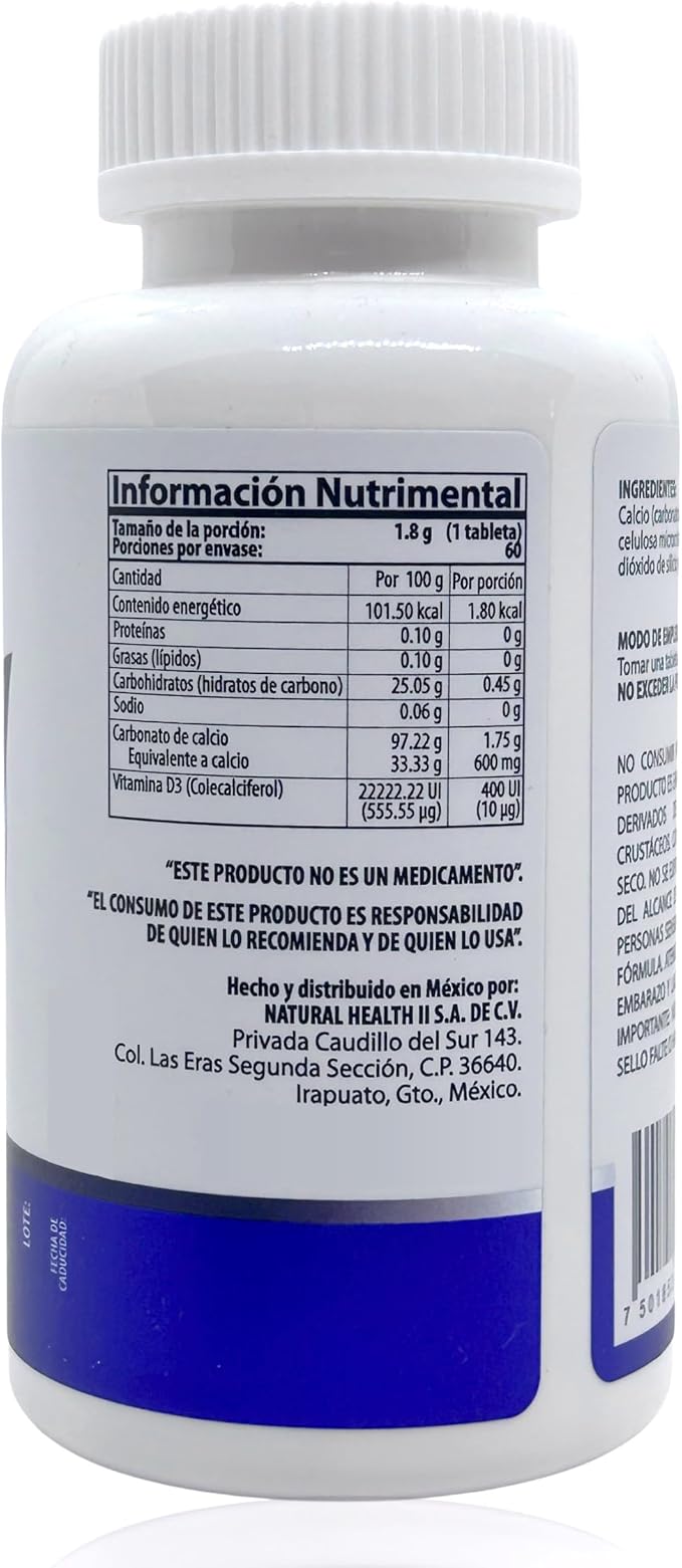 Natural Health Calcio 600 Mg + Vitamina D3 400 UI 60 Tabletas