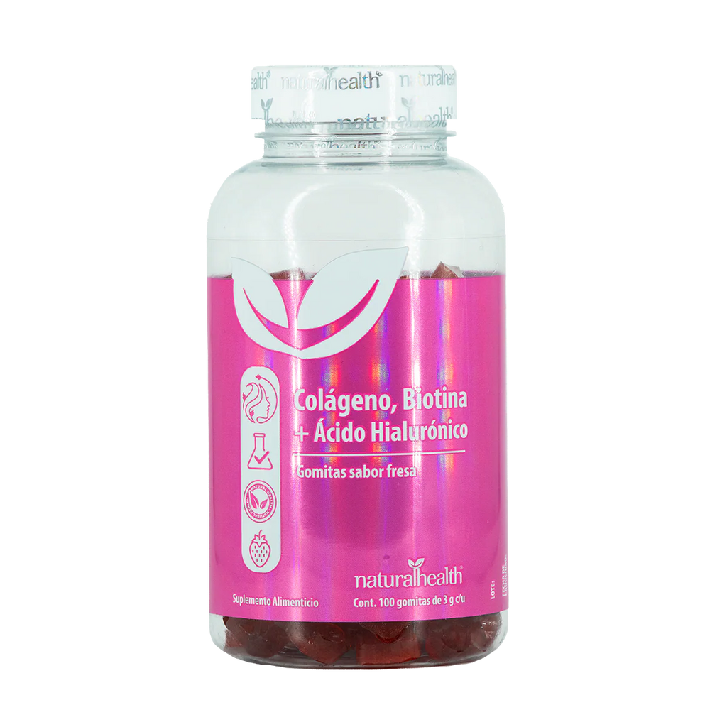 Natural Health Colágeno, Biotina y Ácido Hialurónico 100 Gomitas Sabor Fresa