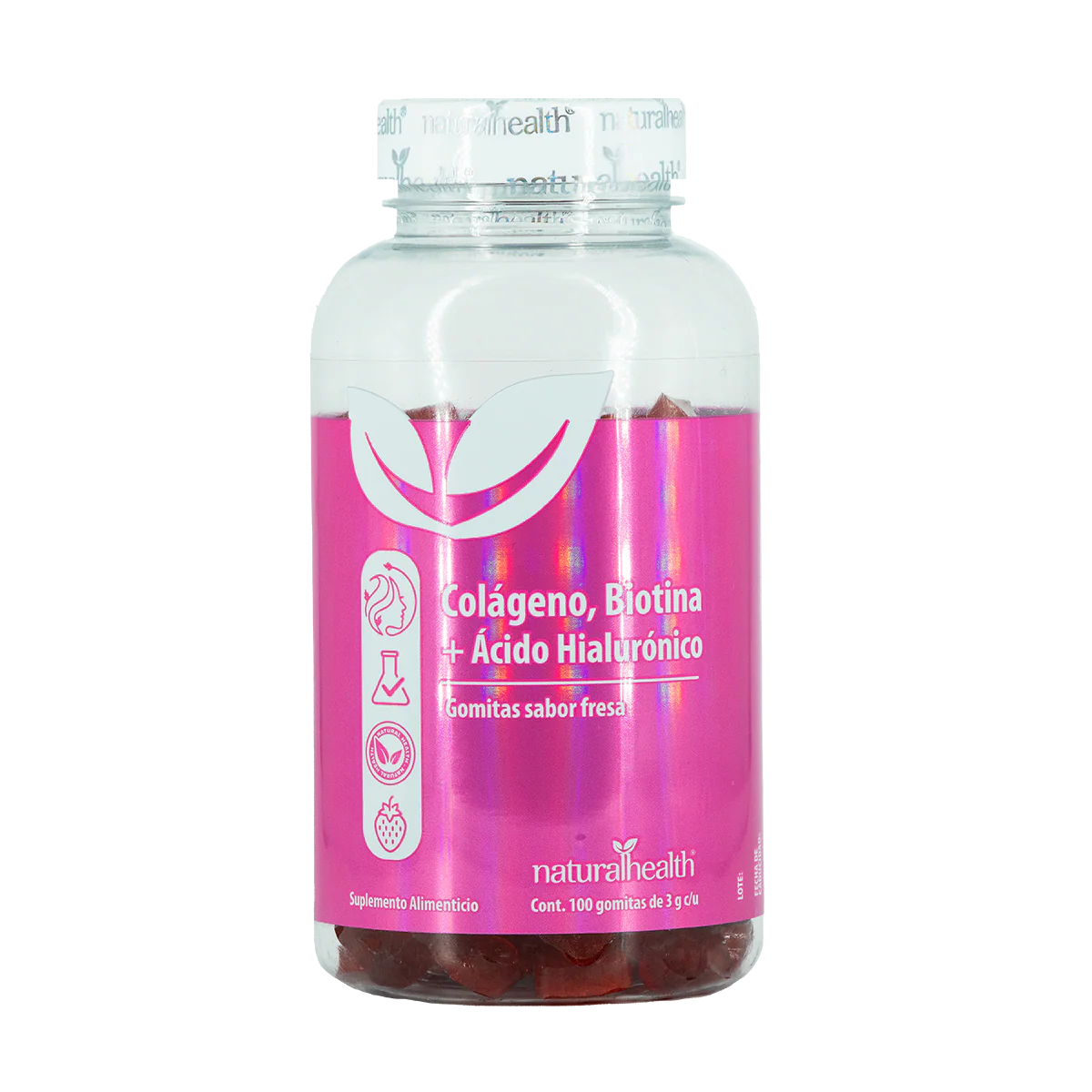 Natural Health Colágeno, Biotina y Ácido Hialurónico 100 Gomitas Sabor Fresa