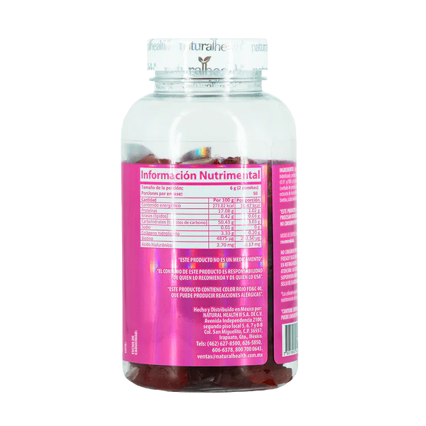 Natural Health Colágeno, Biotina y Ácido Hialurónico 100 Gomitas Sabor Fresa