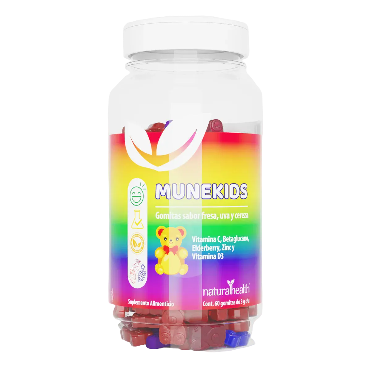 Natural Health MuneKIDS | Vitamina C, Betaglucano, Elderberry, Zinc y Vitamina D3 60 Gomitas