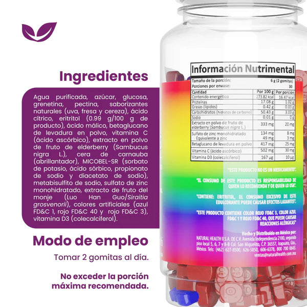 Natural Health MuneKIDS | Vitamina C, Betaglucano, Elderberry, Zinc y Vitamina D3 60 Gomitas