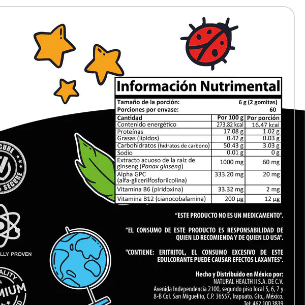 Natural Health Neurokids | Ginseng, Alpha GPC, Vitamina B6 y Vitamina B12 120 Gomitas Sabor Mandarina