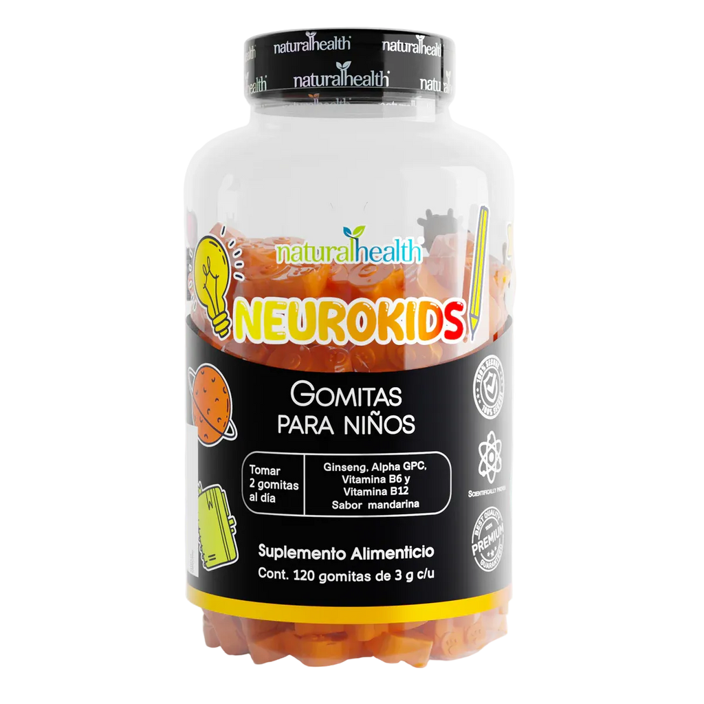 Natural Health Neurokids | Ginseng, Alpha GPC, Vitamina B6 y Vitamina B12 120 Gomitas Sabor Mandarina