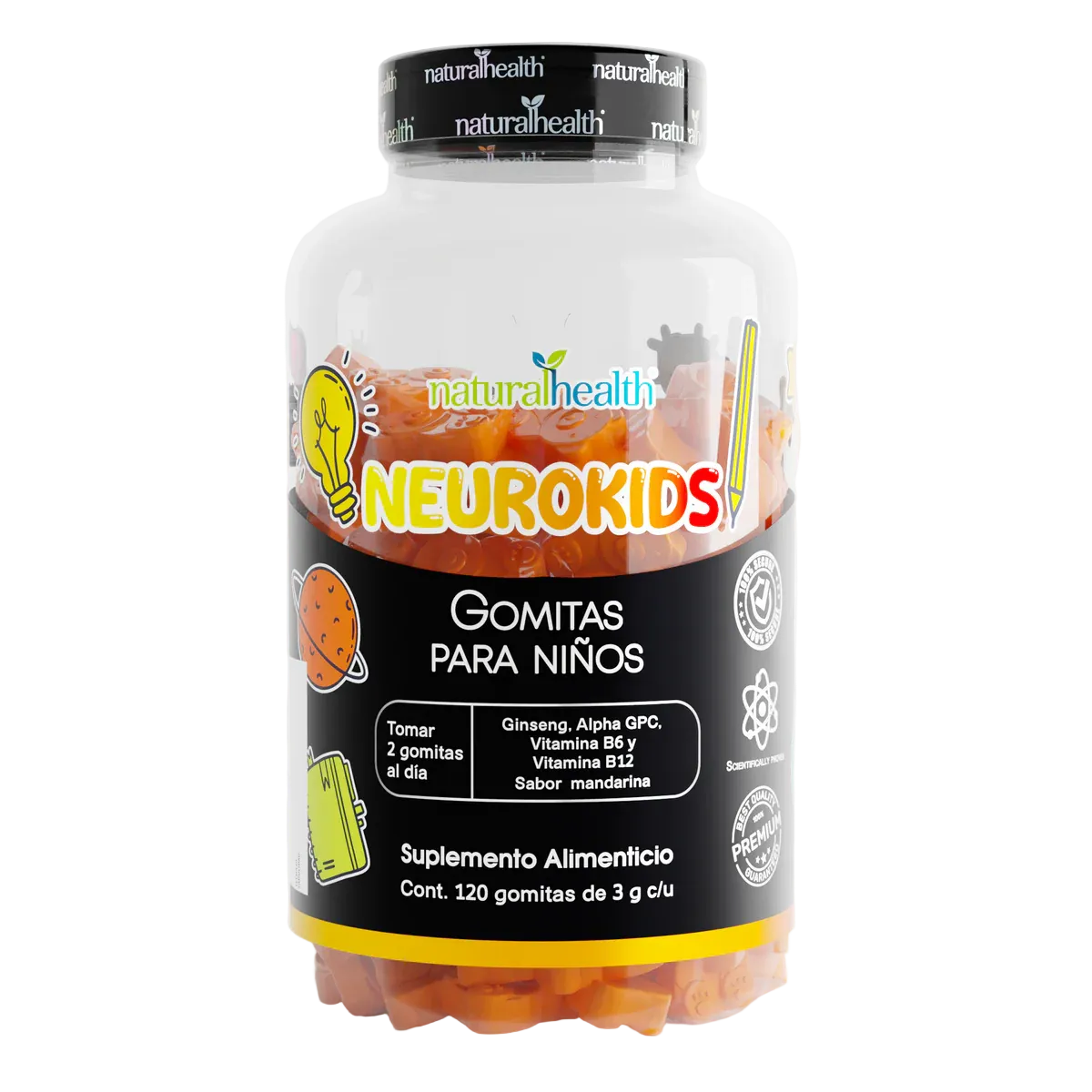 Natural Health Neurokids | Ginseng, Alpha GPC, Vitamina B6 y Vitamina B12 120 Gomitas Sabor Mandarina