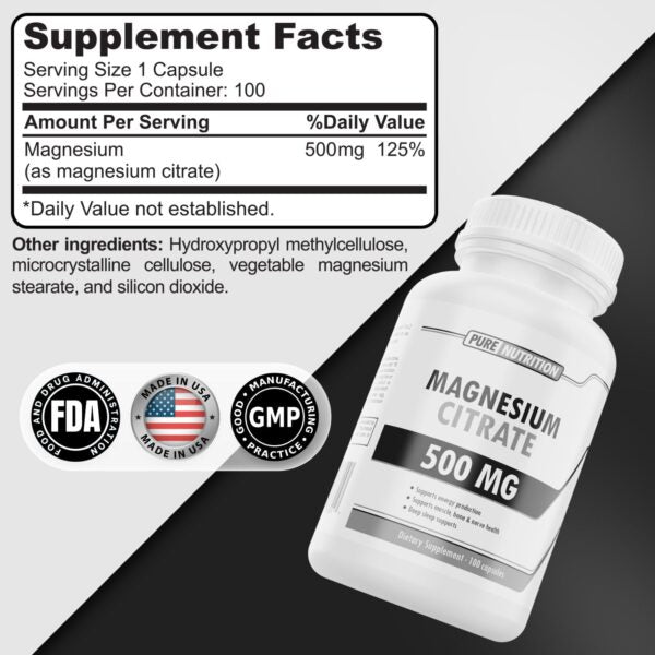 Pure Nutrition Citrato De Magnesio 500 Mg 100 Cápsulas