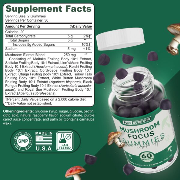 Pure Nutrition Mushroom Focus 60 Gomitas | Enfoque, Energía Mental y Claridad Cognitiva