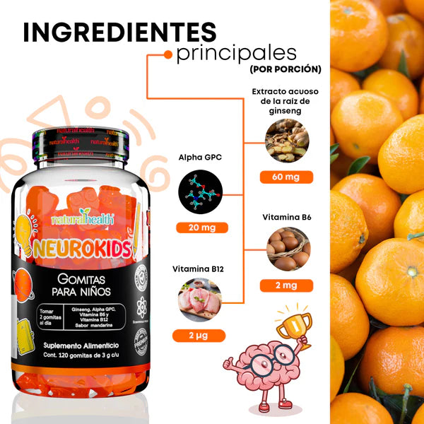 Natural Health Neurokids | Ginseng, Alpha GPC, Vitamina B6 y Vitamina B12 120 Gomitas Sabor Mandarina
