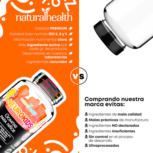Natural Health Neurokids | Ginseng, Alpha GPC, Vitamina B6 y Vitamina B12 120 Gomitas Sabor Mandarina